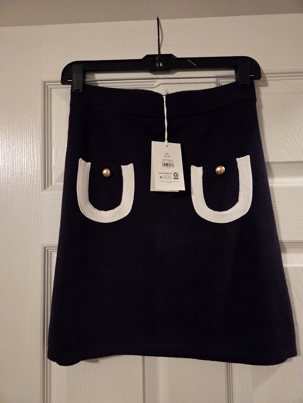 Navy Knit A-Line Skirt with White Trim Pocket Detail
